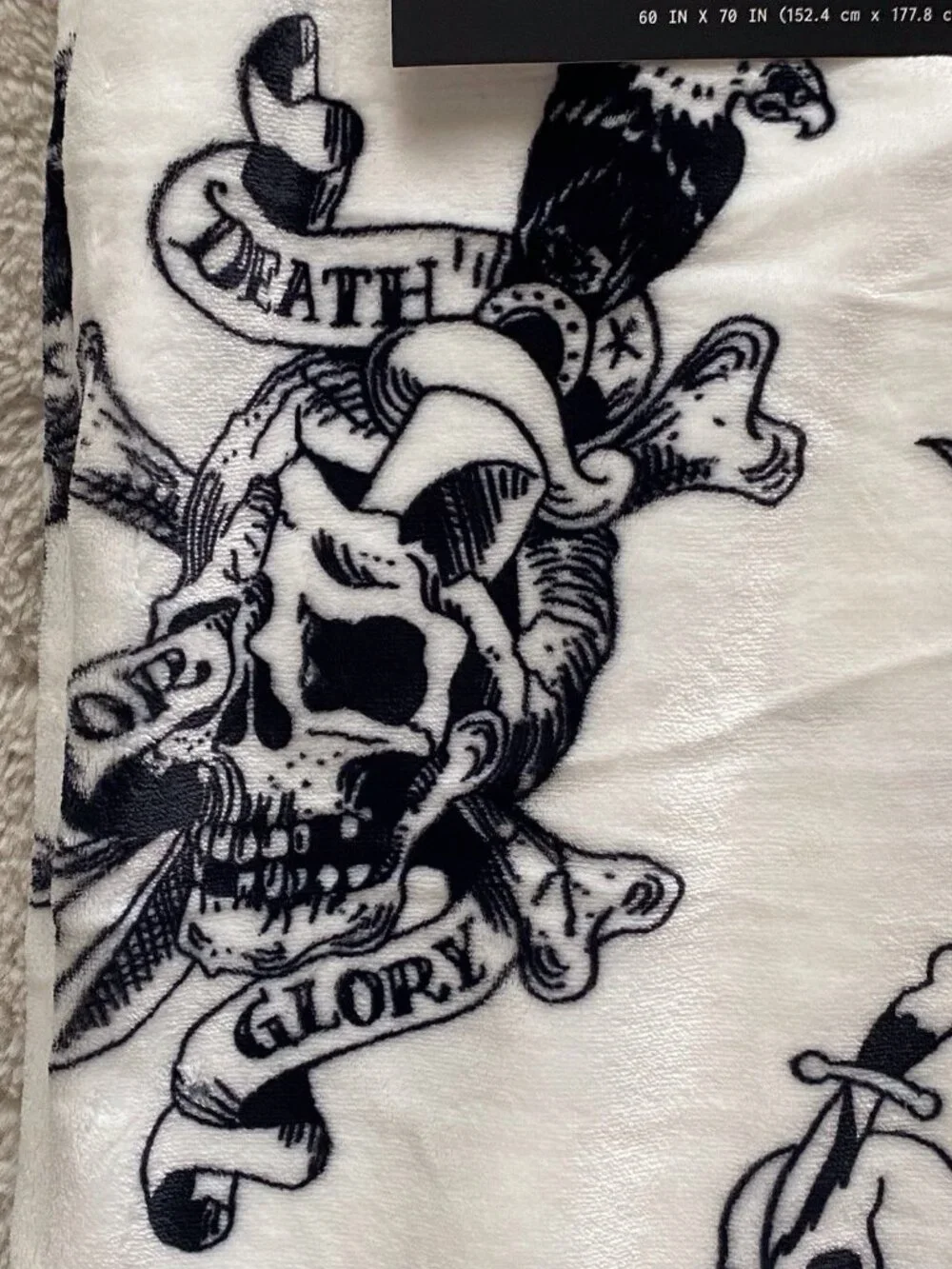 Ed Hardy Tattoo Printed Plush Oversized Throw Blanket Tiger Skull Dice White NEW